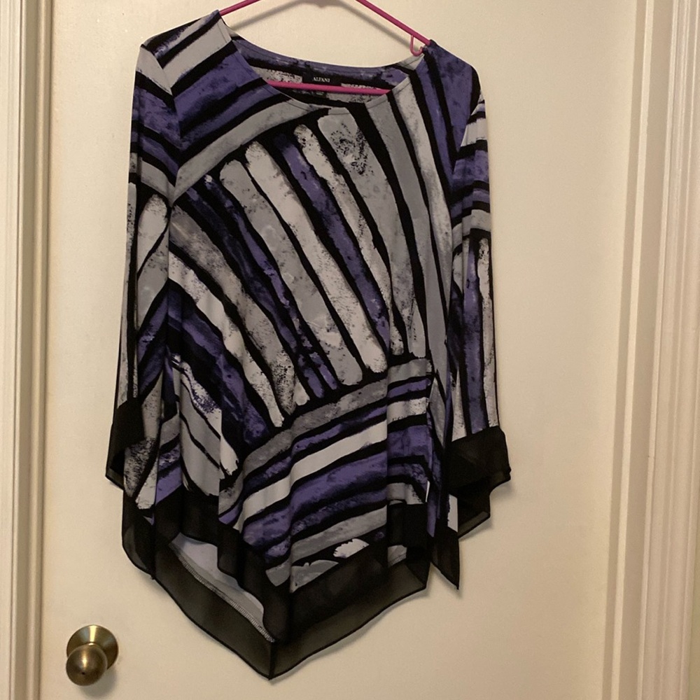 Alfani LONG SCARF SLEEVE SCARF HEM BLACK ABSTRACT PRINT BLOUSE TOP M